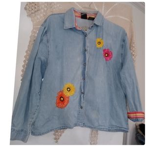 Vintage 90s Y2K Western Denim distressed Button Shirt Size XXL Floral Appliques●